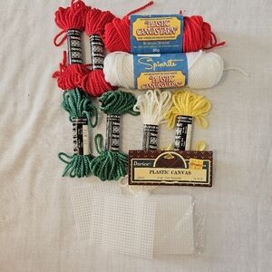 Lot Plastic Canvas Squares and Yarn Spinrite Needloft Red White Green Yellow